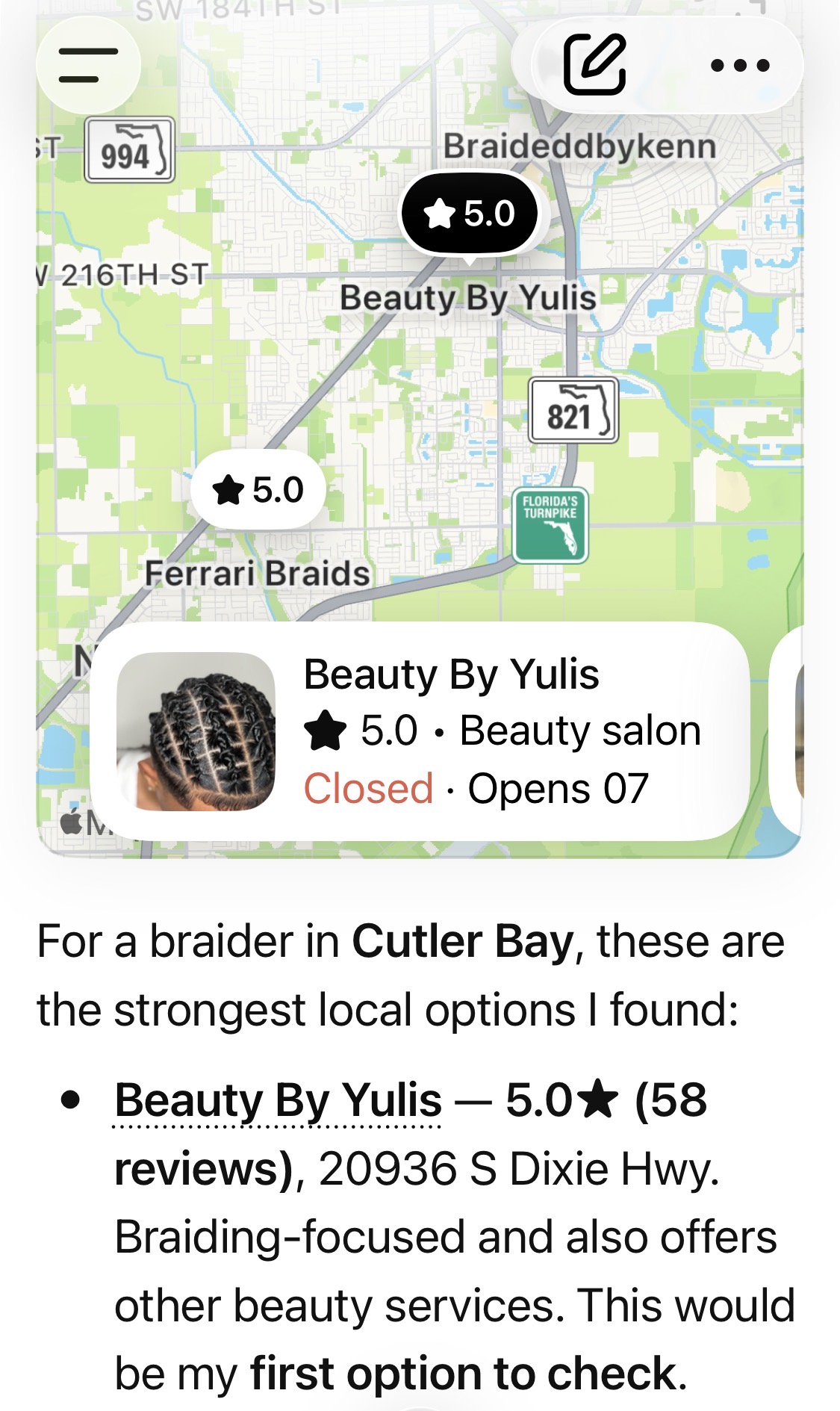AI-generated local recommendation naming Beauty By Yulis as a 5.0-rated braiding-focused beauty salon in Cutler Bay