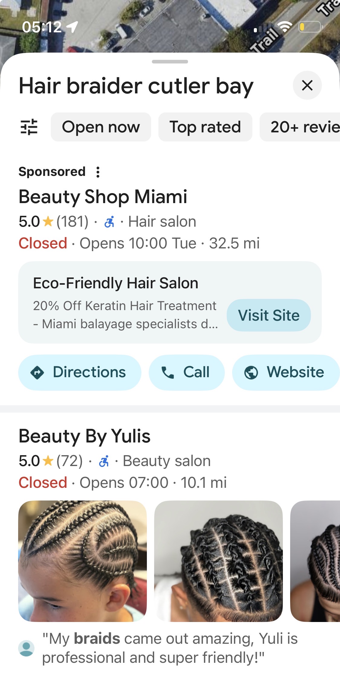 Google local search results for hair braider Cutler Bay showing Beauty By Yulis with a 5.0 rating and call, directions, and website actions